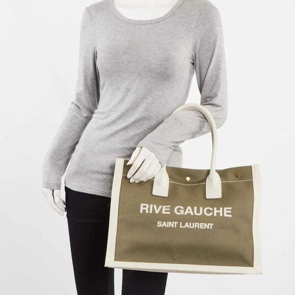 Yves Saint Laurent Green Linen And Leather Rive Gauche Tote Bag - Picture 2 of 11